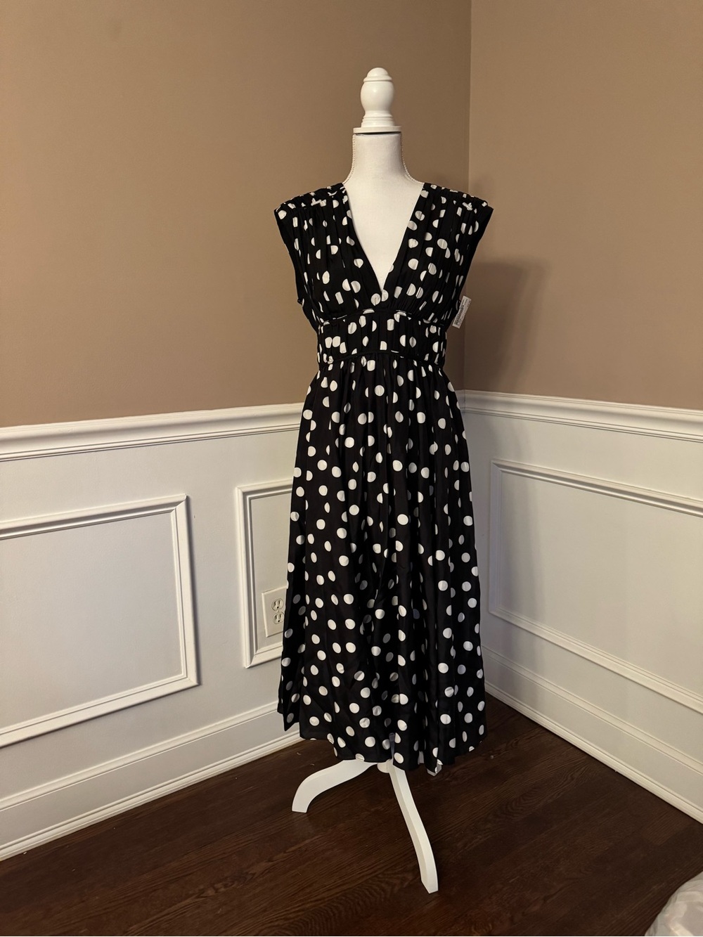 J. Crew Black and White Polka Dot V-Neck Midi Dress NWT